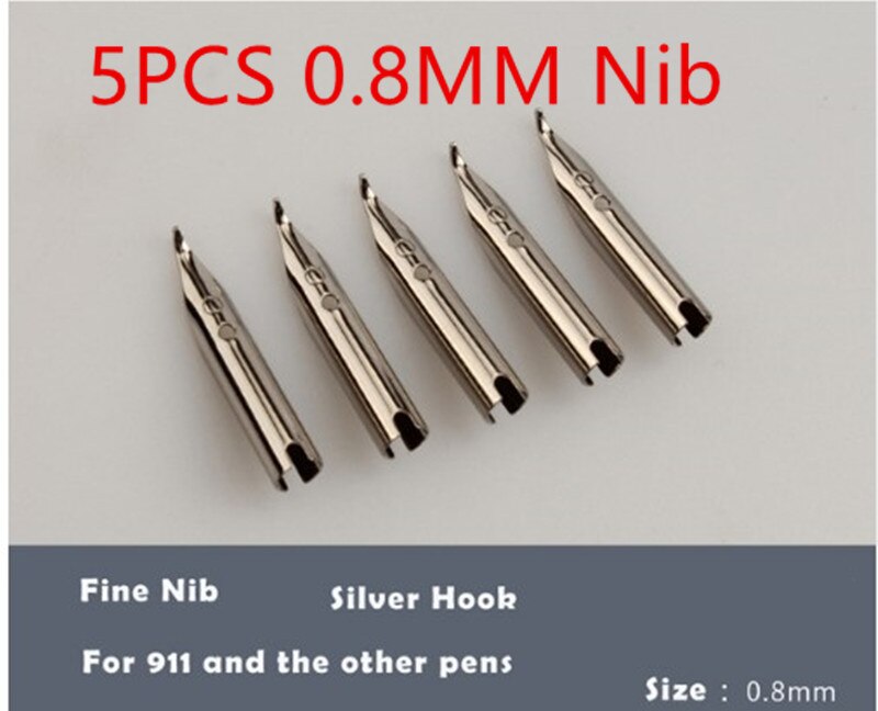 5 stk/sæt jinhao 911 sølvspidser rustfrit stål til wing sung fyldepen udskiftning rustfrit stål penspids: 0.8mm