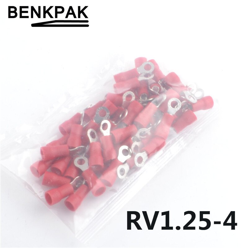 50 stk  rv1.25-4 isoleret ringterminal elektrisk ledningskrympestik awg 22-16: Rød