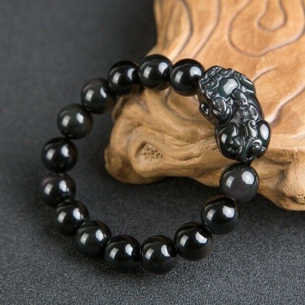 2 uds Feng Shui negro obsidiana piedra riqueza Pi Xiu pulsera de la suerte