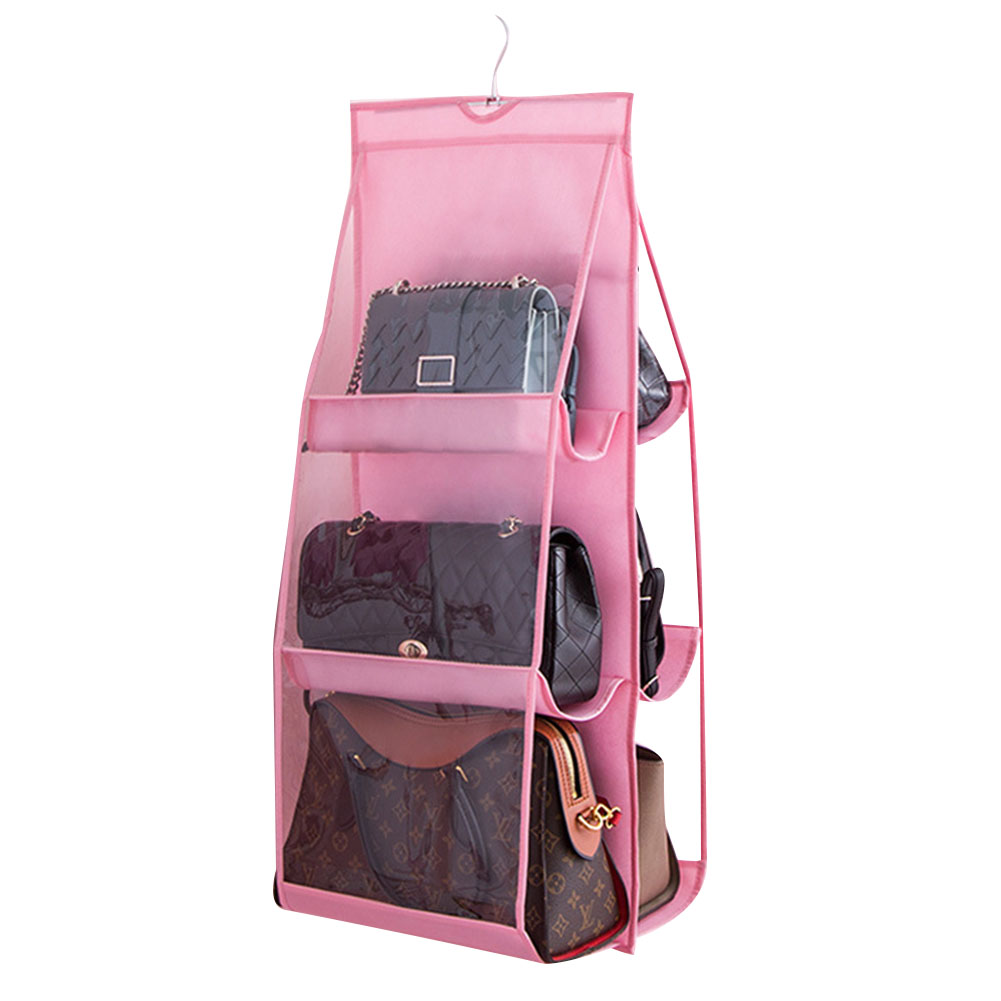 Sac à main 6/8 poches, étagère, sacs suspendus, organisateur de rangement, anti-poussière, support étanche, placards de garde-robe: Rose / 8 cells