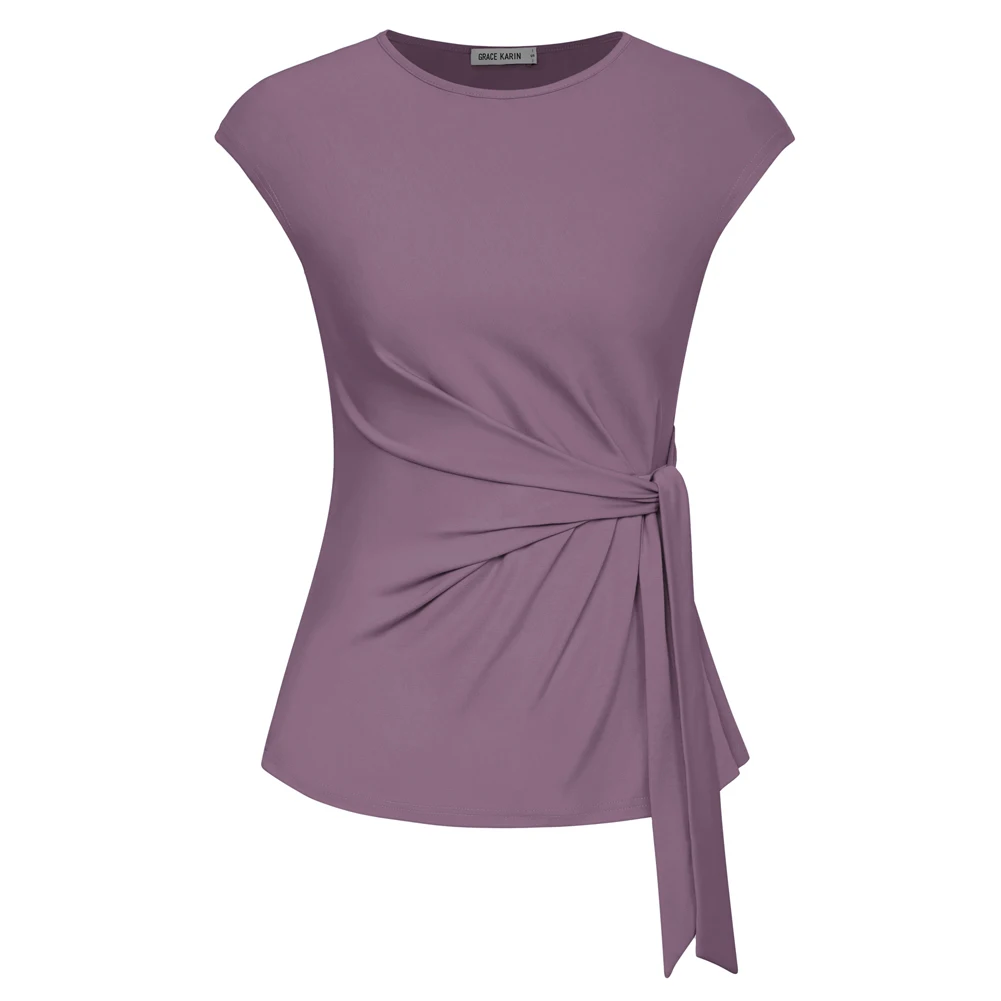 Gk kvinder bluser foran sløjfe knude dekorerede toppe klassiske kasketærmede rund hals pullover sommertoppe bluser femme: Xl / Grå