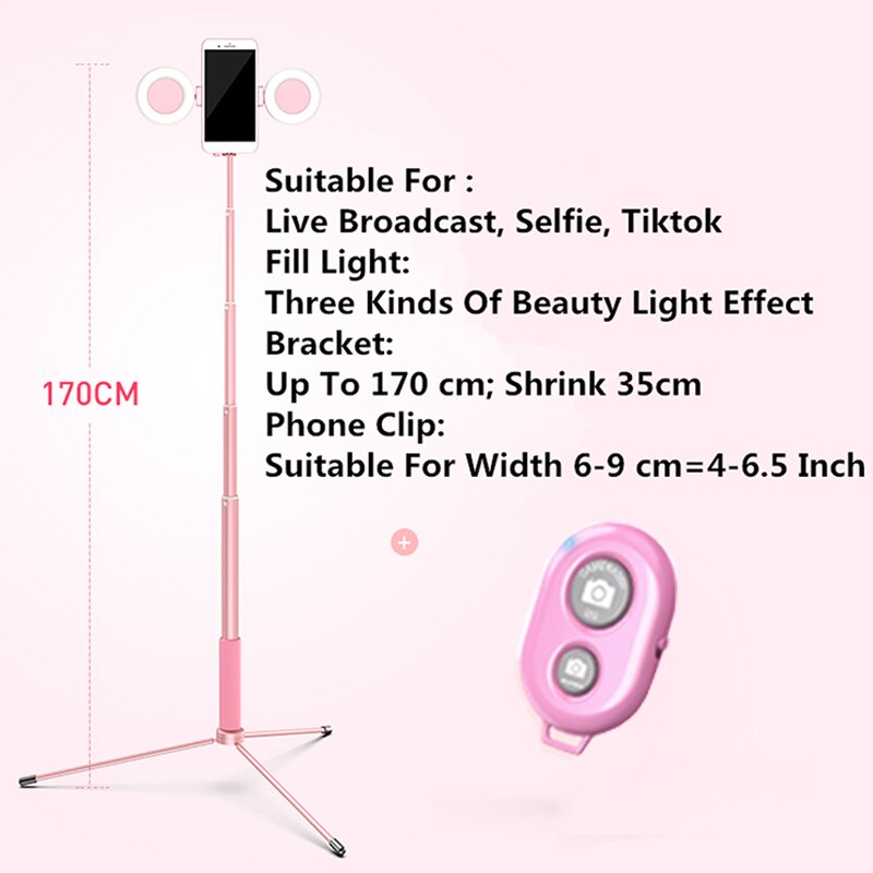 Bastão de selfie com luz de anel dupla led, 1.7m extensível, monopé, tripé para celular iphone x 8 android: Pink