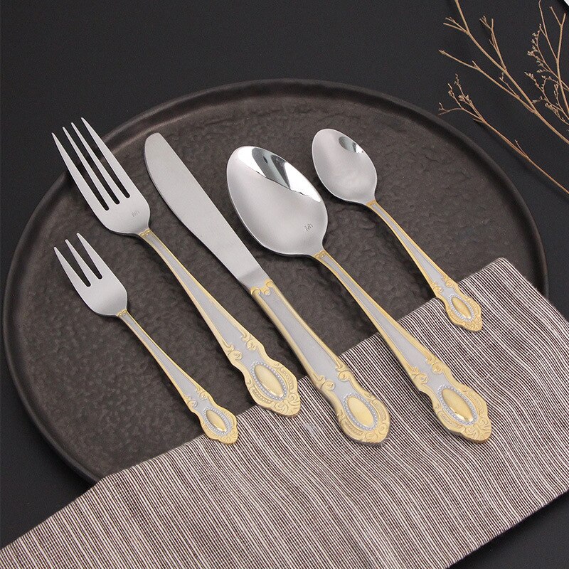 16/20pcs Dinnerware Set Stainless Steel Western Royal Cutlery Silverware Spoon Tea Forks Knives Embossed Handle Dinner Tableware