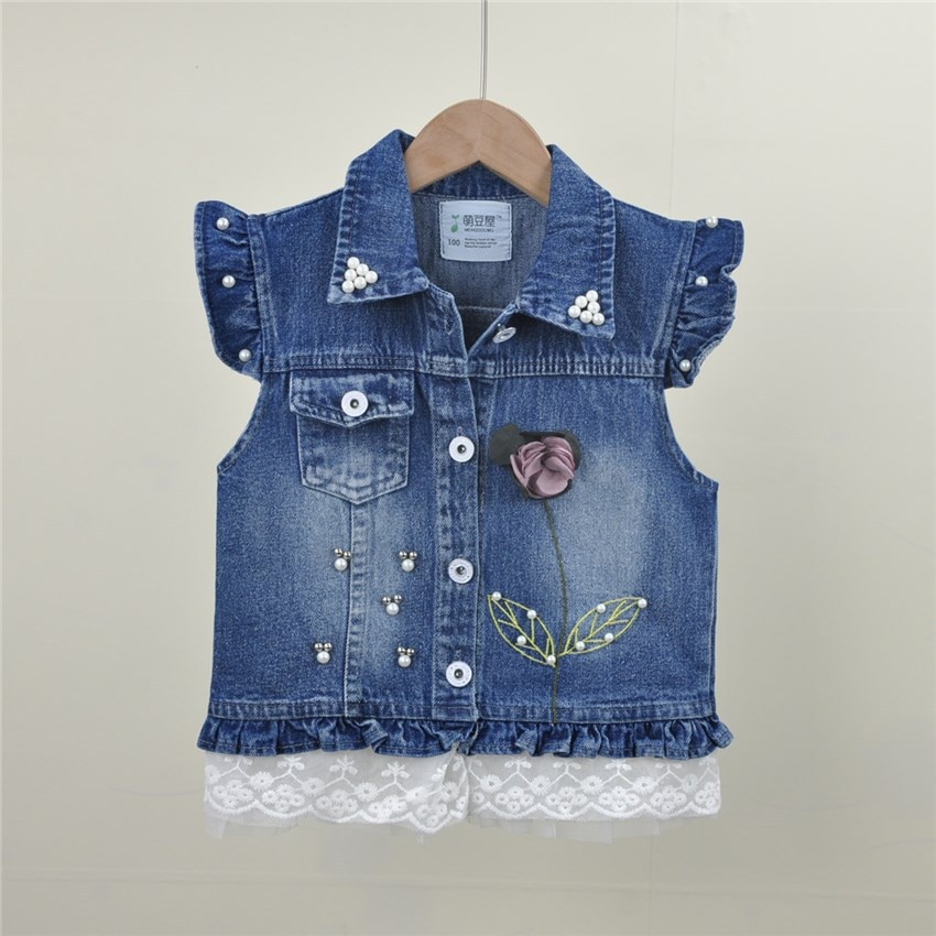 Girls 3D Flower Pearl Lace Denim vest embroidered waistcoats kids jeans vests children spring autumn sleeveless coat