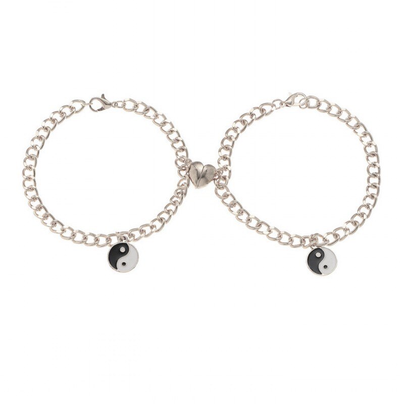 Tai Chi Yin Yang coppia bracciali per donna ciondolo in lega catena regolabile cuore braccialetto magnetico abbinamento amante regali gioielli: set 1-silver