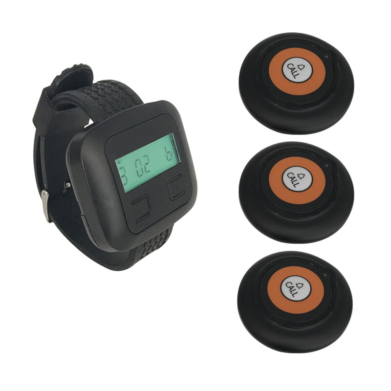 Draadloze Belknop Zender 1 Polshorloge Ontvanger + 3 Ultradunne Pagers Wit Bruin Zwart Voor Restaurant Koffie Winkel: Black