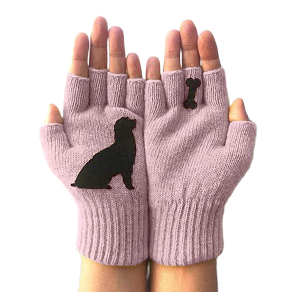 Kvinder vinterstrikkede fingerløse handsker kawaii hvalp hund ben udskrivning varme vanter: Lyserød