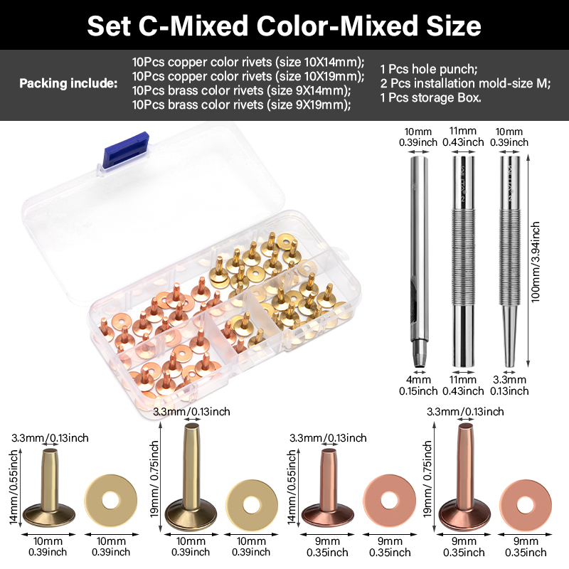 WUTA 43 Pcs Pure Copper Rivets and Burrs,4 Sizes Set Solid Brass Studs Setting Tool for Belts Wallets Collars Leather DIY Craft: antique silver