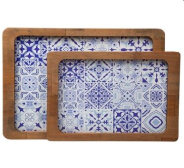 2 Li Ahşap Tepsi - Retro Mavi Desen