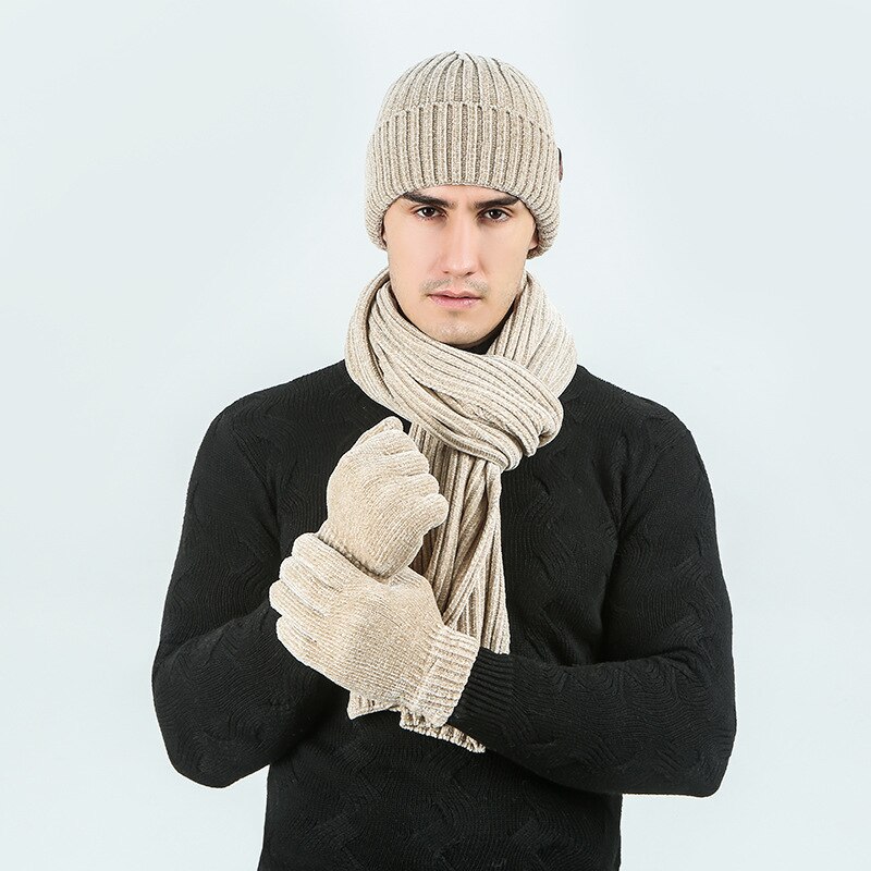 Vinter tilbehør 3 stk strikket hat tørklæde handsker sæt til kvinder mænd varme ører strik skullies beanies kvindelige hatte til piger