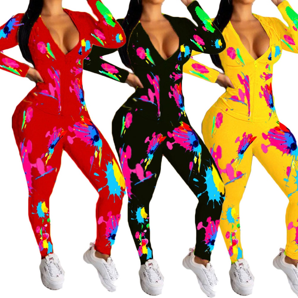 2Pcs Vrouwen Herfst Outfit, multicolor Afdrukken Lange Mouwen Rits Open Hoodie + Elastische Taille Broek Pak Voor Dames