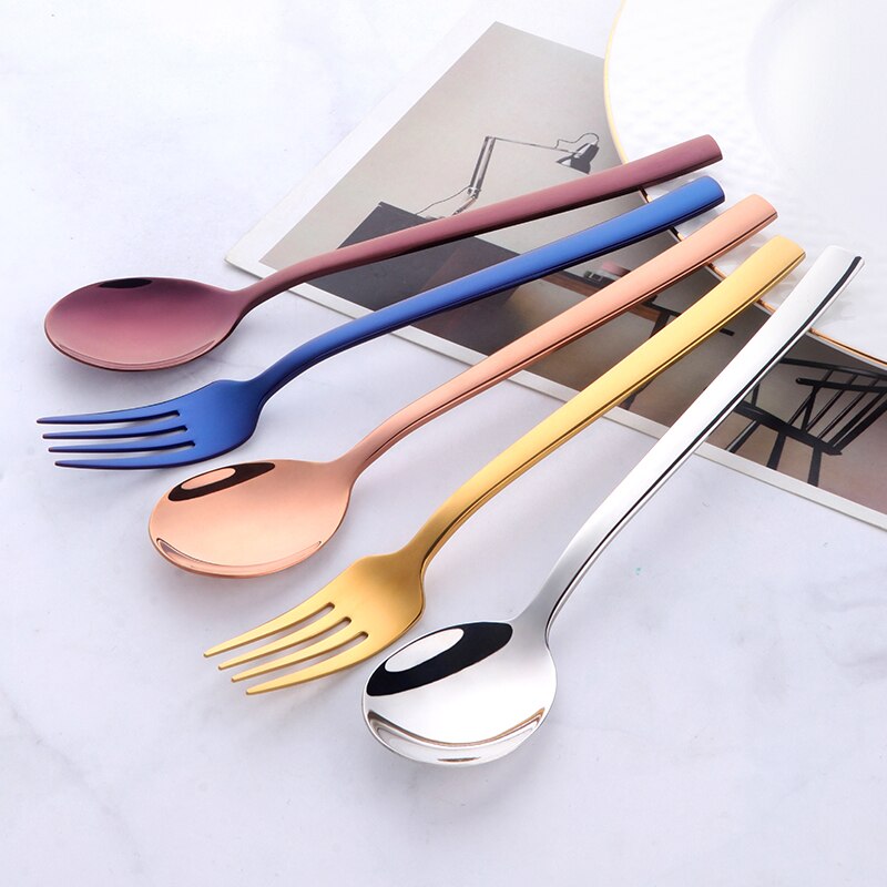 2PC Korean Spoon and Fork Set Stainless Steel Soup Spoon Blue Dinnerware With Long Handle Metal Gold Spoon And Fork
