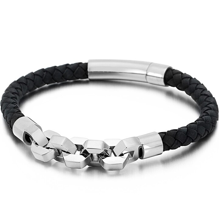 handgefertigt 6MM Breiten Geflochten Leder Armbinde Männer 316L Edelstahl Herren Schmuck wickeln Armreifen Geburtstag Für Freund Ihn: Silber- Farbe