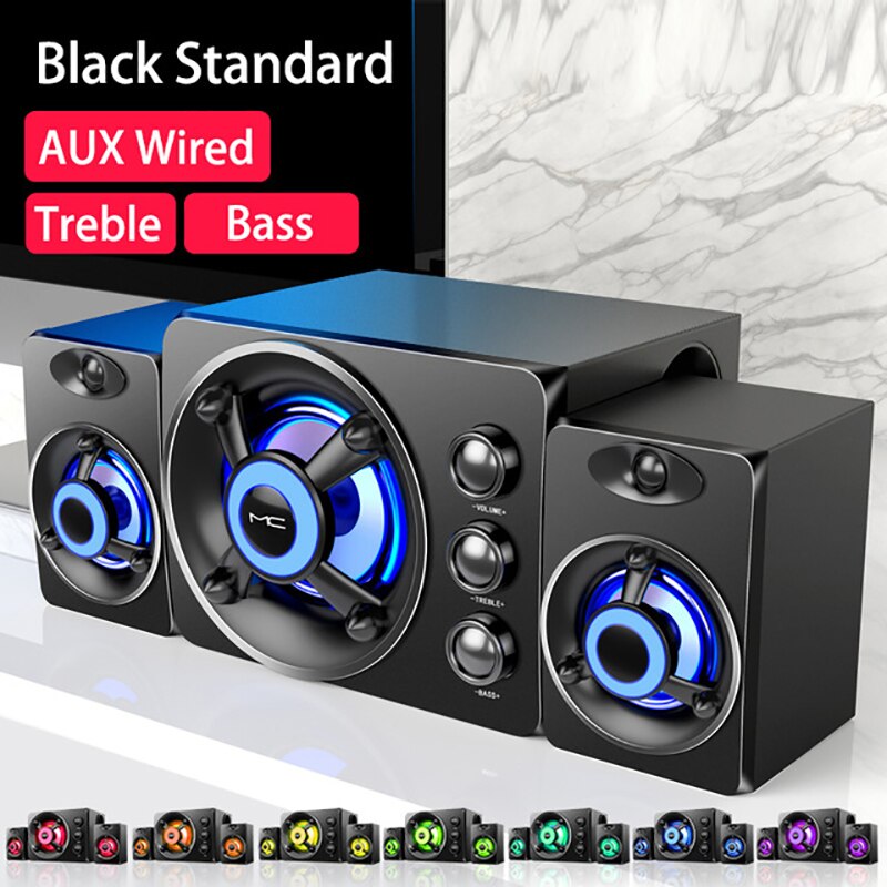 LED Computer Combination Speakers AUX USB Wired Wireless Bluetooth Audio System Home Theater Surround SoundBar for PC TV: Black Wired Standard