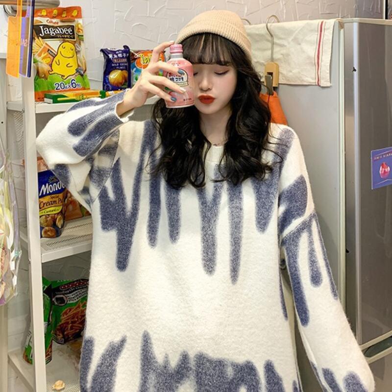 Oversized Sweater Green Pullover Women Knitted Sweater Loose Tops Winter O-Neck Harajuku Sueter Mujer pull Tie Dye Outerwear: white