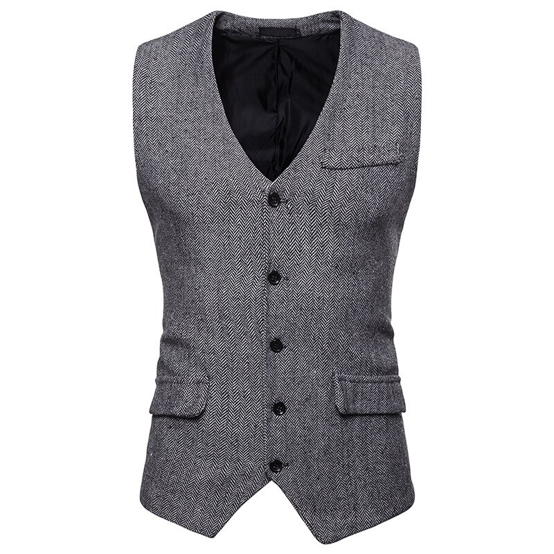 Vintage Suit Vest Men Casual Slim Fit Black Herringbone Vests Single Breasted V Neck Business Gilet Homme Chalecos Para Hombre