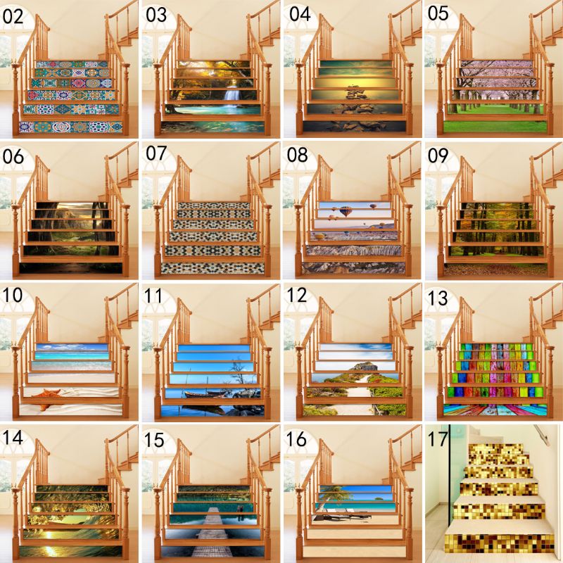 6 unids/set 3D paisaje de cascada escalera elevadora pegatina de suelo autoadhesiva DIY escalera impermeable Etiqueta de pared de PVC