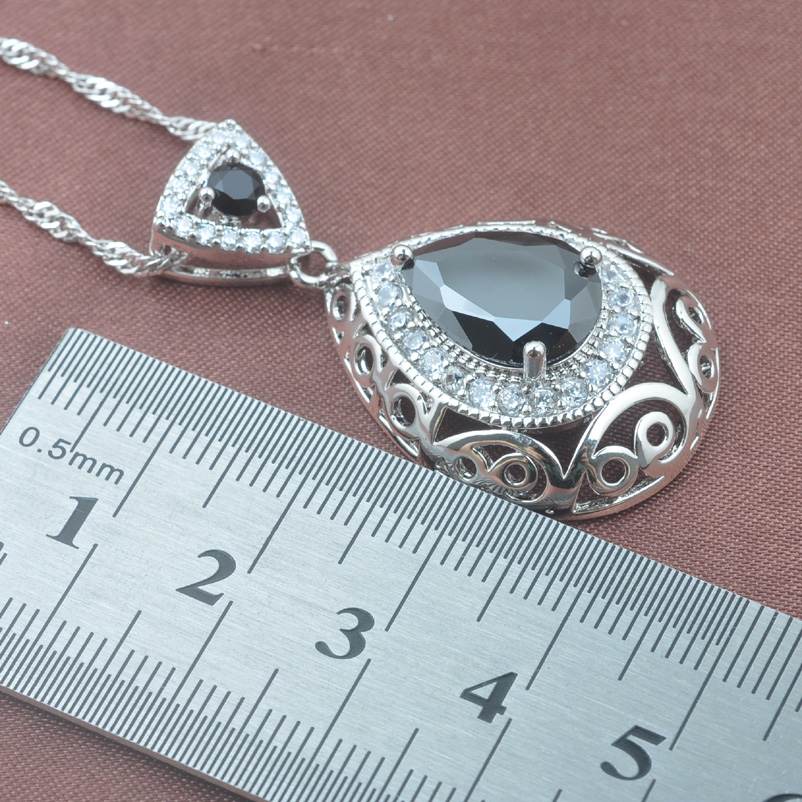 Fasjion Zwart Zirconia Zilveren Kleur Sieraden Set Voor Vrouwen Oorbel Ketting Hanger Ringen Armband YZ0212