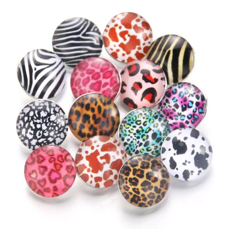 10pcs/lot Mixed Animal leather 18mm Glass Snap Buttons Jewelry Glass Cabochon Fit 18mm Snap Bracelet Bangles Necklace 020916: 020916