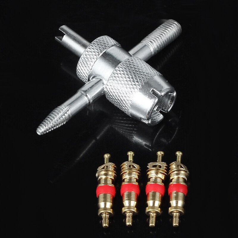 4 Way Tyre Valve Repair Remover Tool Car Bike Tire Accessory + 4 Valve Stem Core
