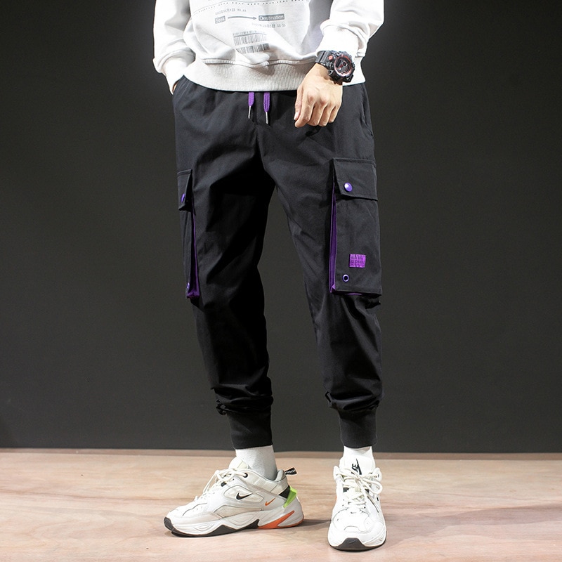#2342 sorte khaki lilla cargo bukser herre bomuld hip hop bukser streetwear pencil harem bukser med store sidelommer elastisk talje: Sort / M