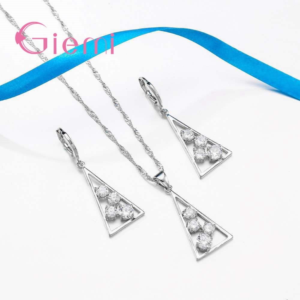 100% 925 Sterling Silver Necklace Pendants for Women Wedding Party Geometry Cubic Zirconia Hoop Earring Sets Lover Girl