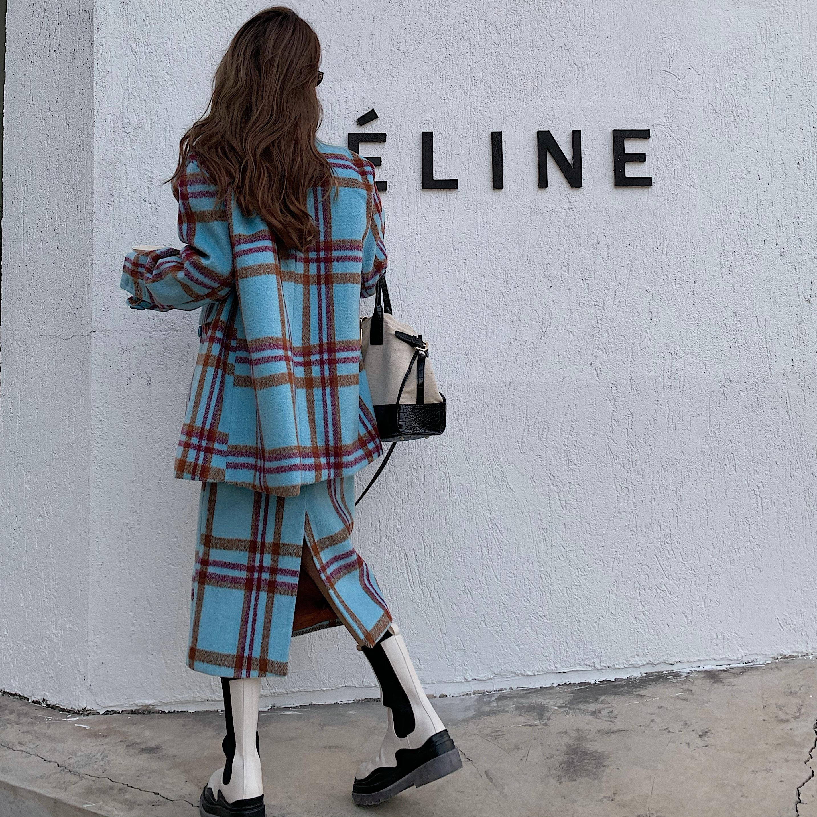 woolen coat 2-piece set female autumn winter style retro Korean thick mid-length blue coat plaid suit woolen coat