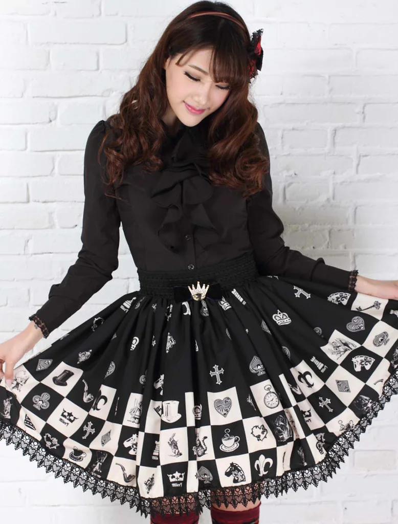 Gotisk elastisk talje skater nederdel sød ternet/ternet kawaii sort blonde korte lolita nederdele