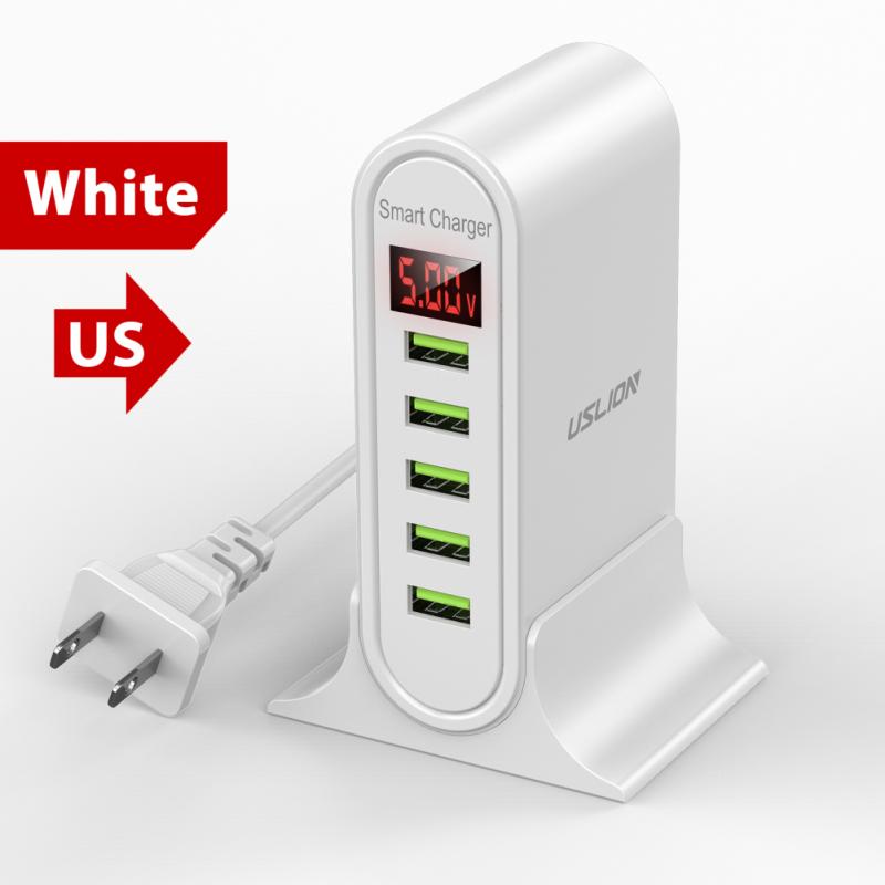 5 Port USB Charger HUB LED Display Multi USB Charging Station Dock Universal Mobile Phone Desktop Wall Home EU / UK Plug Charger: US White