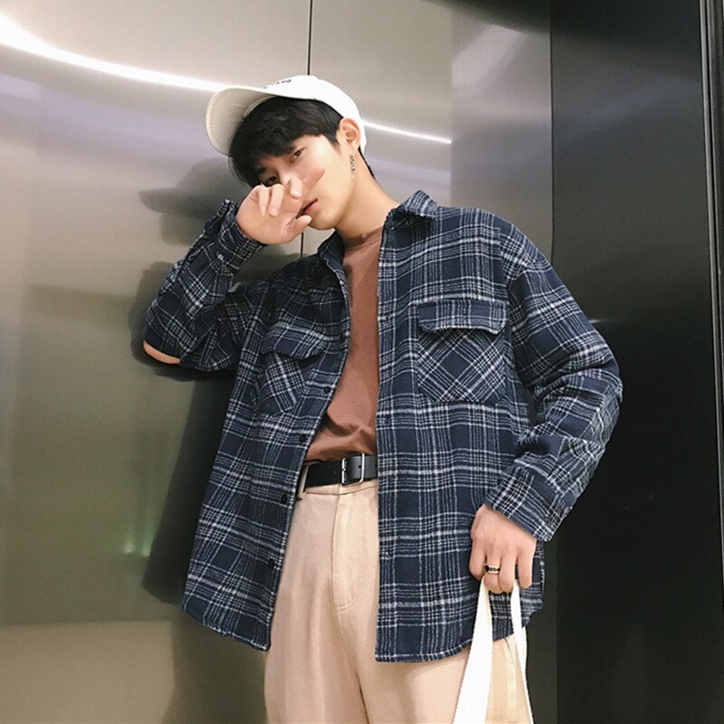 spring and autumn long-sleeved shirt male loose Korean casual couple tide brand woolen plaid shirt jacket