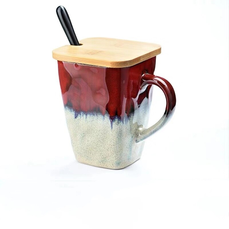 Flow Glaze Square Coffee Mug With Spoon and Lid Retro Tea Cup Simple Household Matte Color Ceramic Milk Water Cup: Red lid spoon