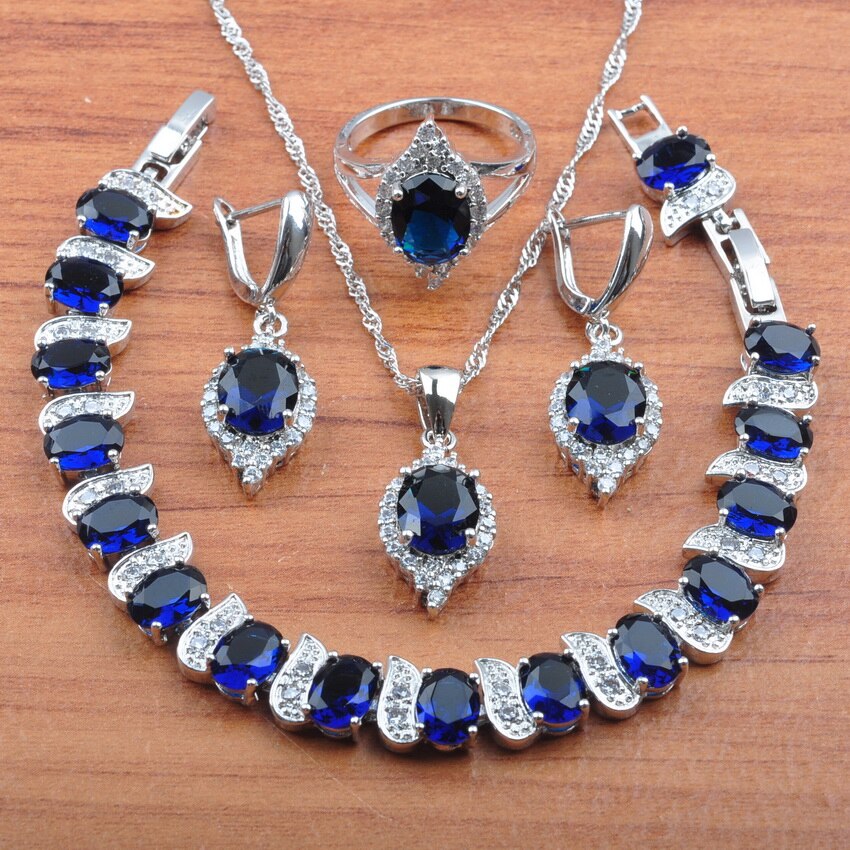 Ensemble de bijoux pour femmes, cristal de zircone bleu scintillant, boucles d&#39;oreilles, collier, pendentif, bagues, Bracelet, JS0514: 10