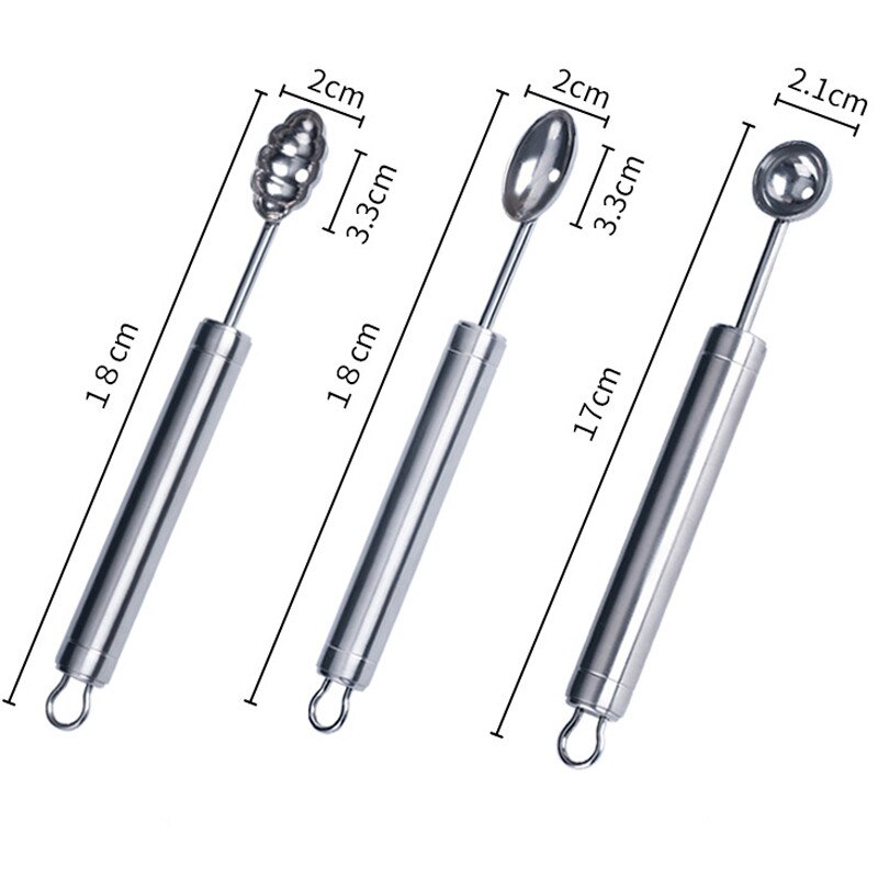 3 teile/los Melone Baller Wassermelone Bagger 304 Edelstahl Obst Scoop Eis Löffel Dual-kopf Küche Gerät Carving werkzeuge: Ursprünglich Titel