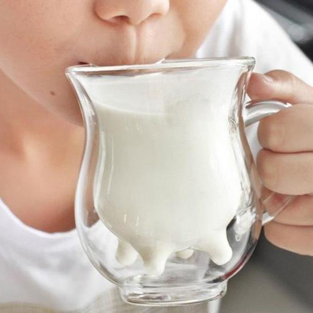 Vaca ubre forma Doble transparente de leche de vidrio taza para té y café manija de la taza de Scald de prevención lindo de vidrio doble taza redonda Drinkingcup