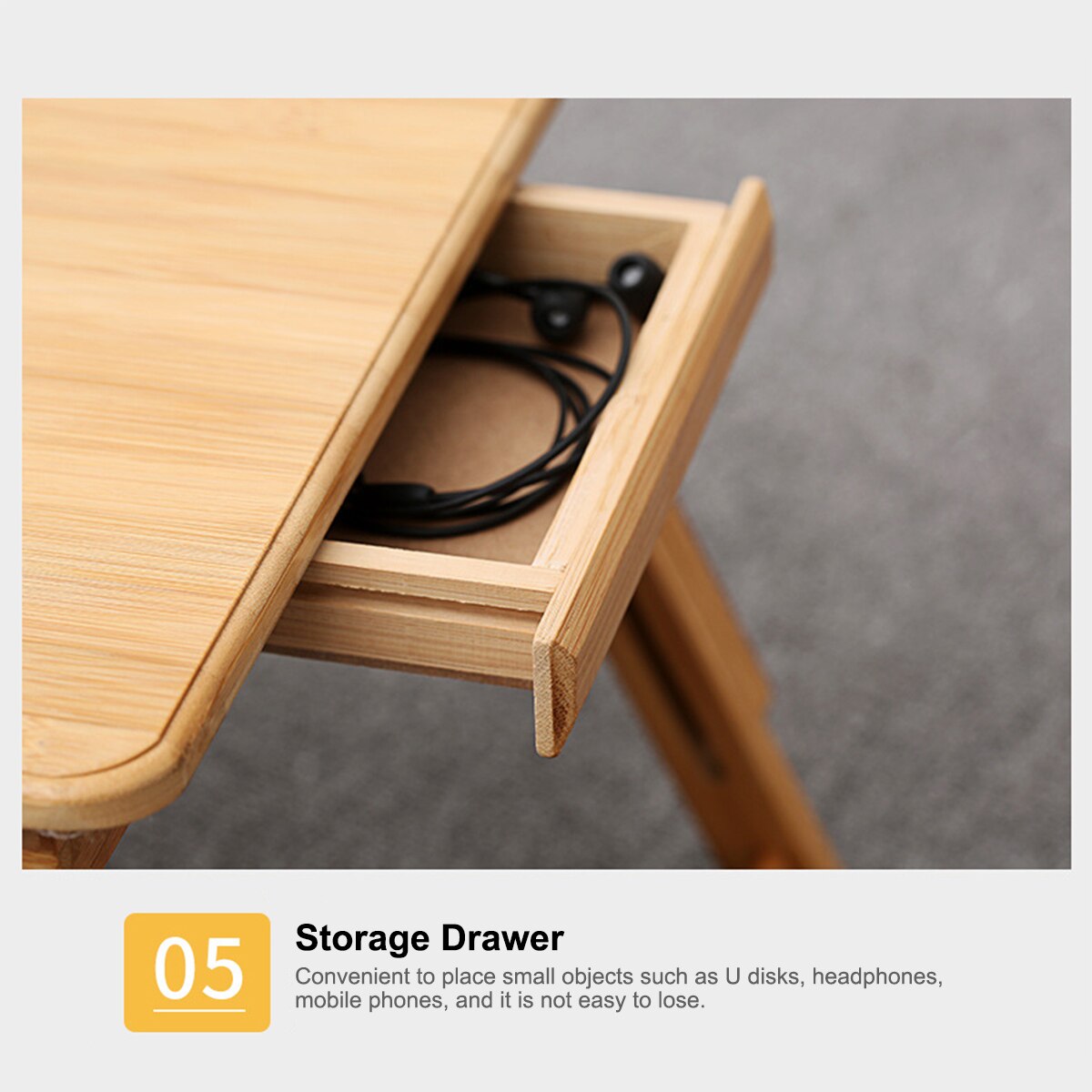 Foldable Bamboo Notebook Laptop Desk Stand Bed Tray Table Height Adjustable with 4 Angles Tilting Top Cooling Fan Drawer