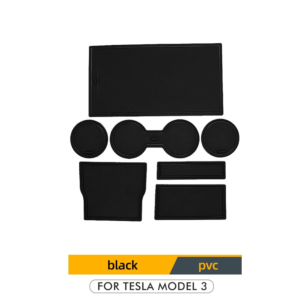 Tey 7 st/set för tesla modell tre biltillbehör grind spår dyna dörr spår gummimatta mittkonsol mugghållare modell 3: Svart