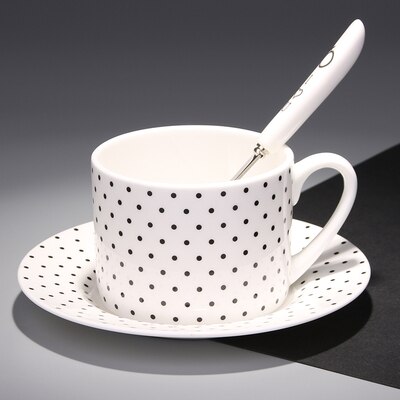 Nordic simple black and white geometric bone china coffee cup and Saucer Set with spoon afternoon tea cup home coffee shop: Dot pattern