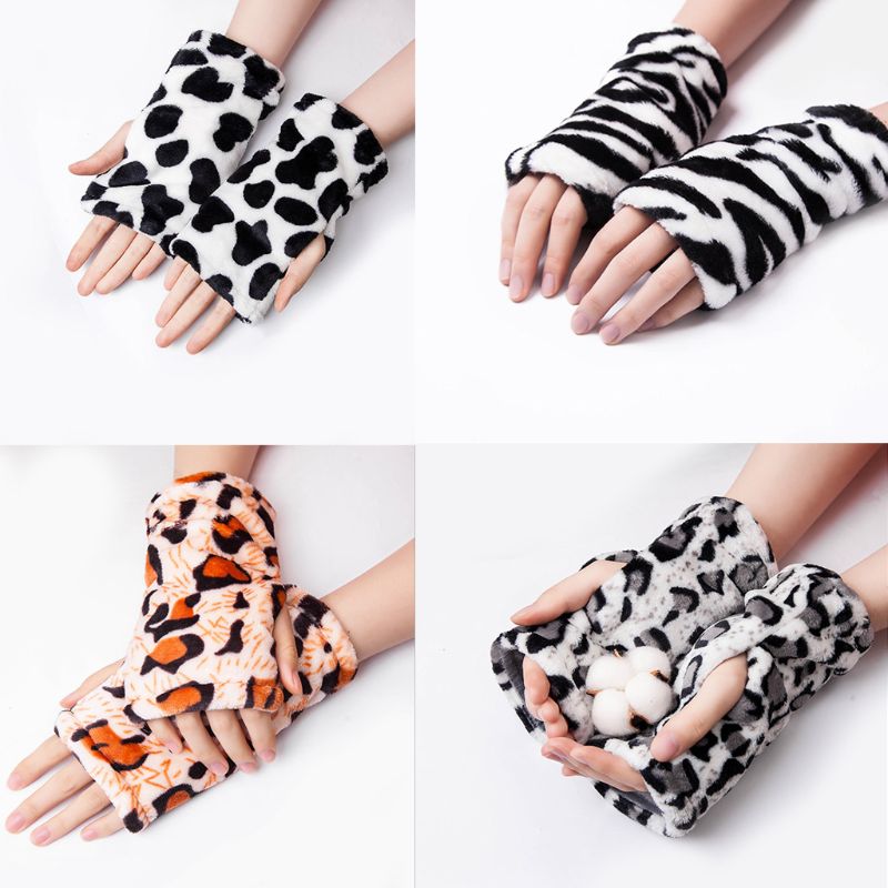 Kvinder vinter touch screen vanter søde leopard zebra tykkere koral fleece halvfinger handsker unisex sorte kørehandsker  h32