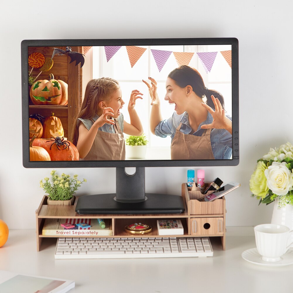 Træ lcd desktop monitor riser stand desk arrangør til imac bærbar pc