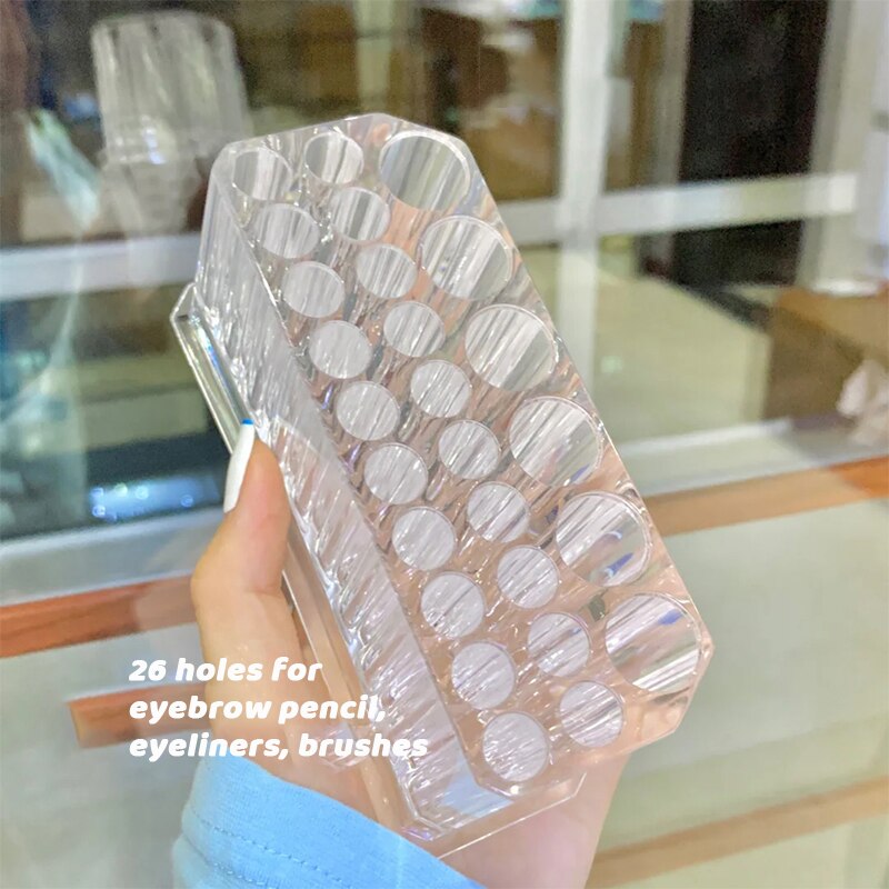26 reikää meikkisivellin järjestäjä kulmakynät eyeliner pidike kosmetiikka kynäsäilytys teline seisova muovi lasi naisten työpöytä