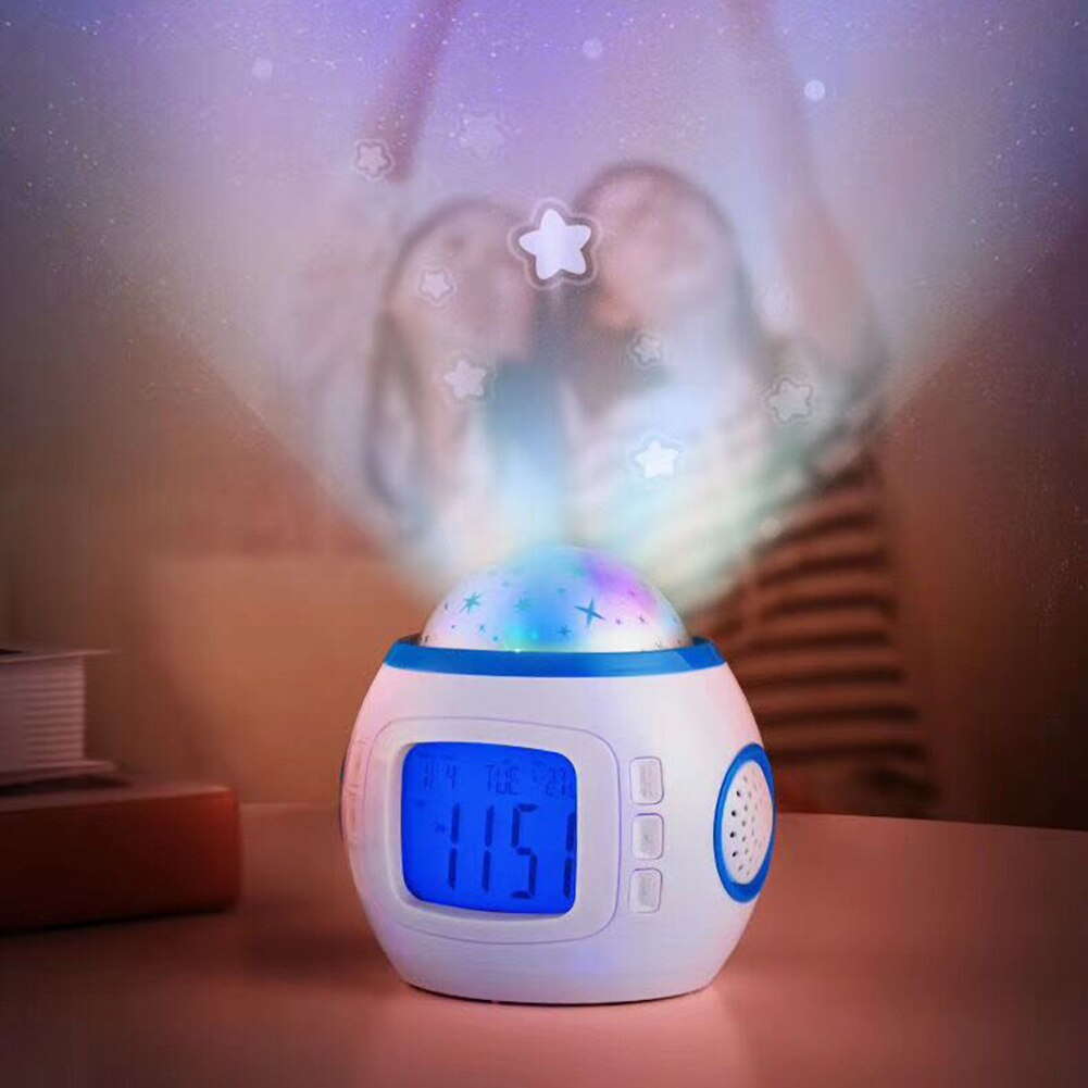 Music Alarm Clock Color Change Sky Star Projector Night Lamp Glowing Calendar Temperature Display Timer Clock for Children