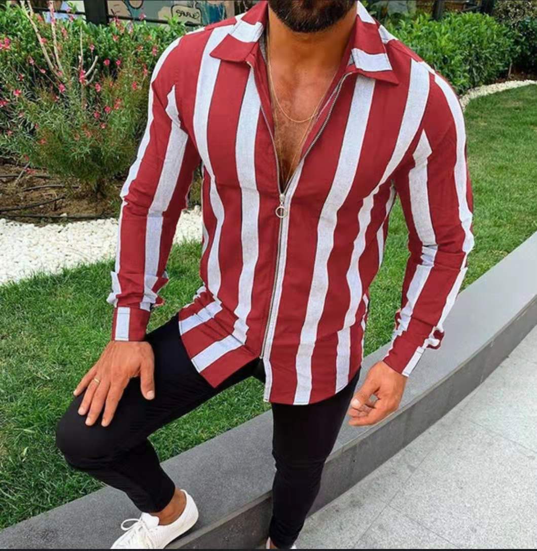 Stribede skjorter herre lange ærmer lynlåse turn-down krave streetwear fitness overtøj chic herre skjorte s -5xl: Rød / M