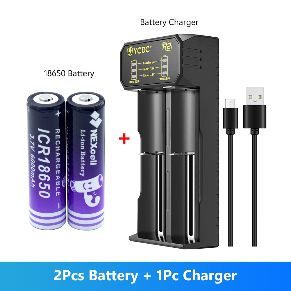 2Pcs 18650 6000mah 3.7 v 6000mah 18650 Lithium Rechargeable Battery For Flashlight batteries With Battery EU US Charger: 2 battery USB type