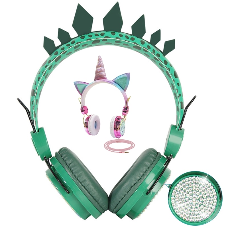 Cute Unicorn or Dinosaur Wired Headphones For girls kids boy Chrismas Bling Diamond Music Phone Helmets With Microphone