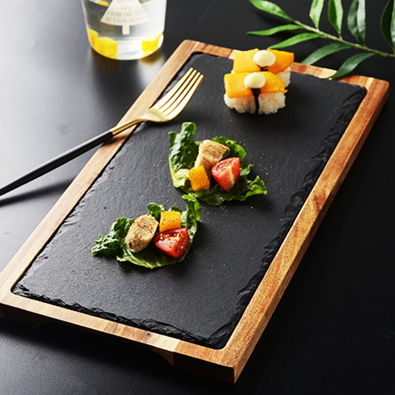 Bandeja de madera maciza americana para pizza, bandeja de madera, plato de pizarra negra, tabla de pan de madera de acacia, comida occidental, cocina japonesa, juego pla