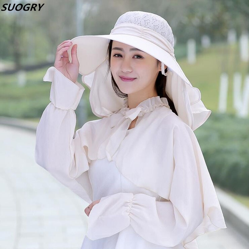 SUOGRY-Sombrero de sol con agujeros para mujer, Anti UV de protección solar, traje con chal