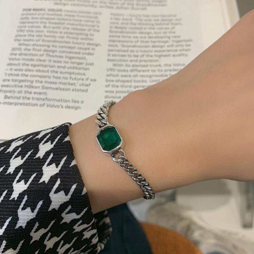 925 Sterling Silver Ins Retro Geometric Green Crystal Bracelet For Women Couple Trendy Birthday Party fine Jewelry: SAB174-17