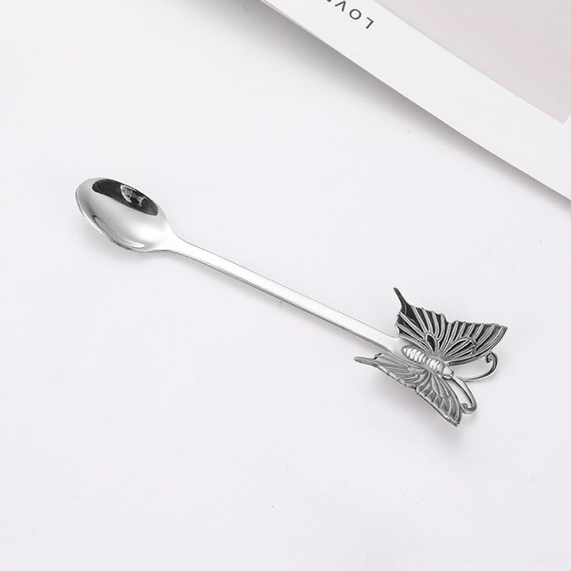 Dessert Cake Fork Stainless Steel Coffee Spoon Butterfly Fruit Fork Milk Shake Spoon Reusable Spoon Smoothie Spoon: Silver-Spoon