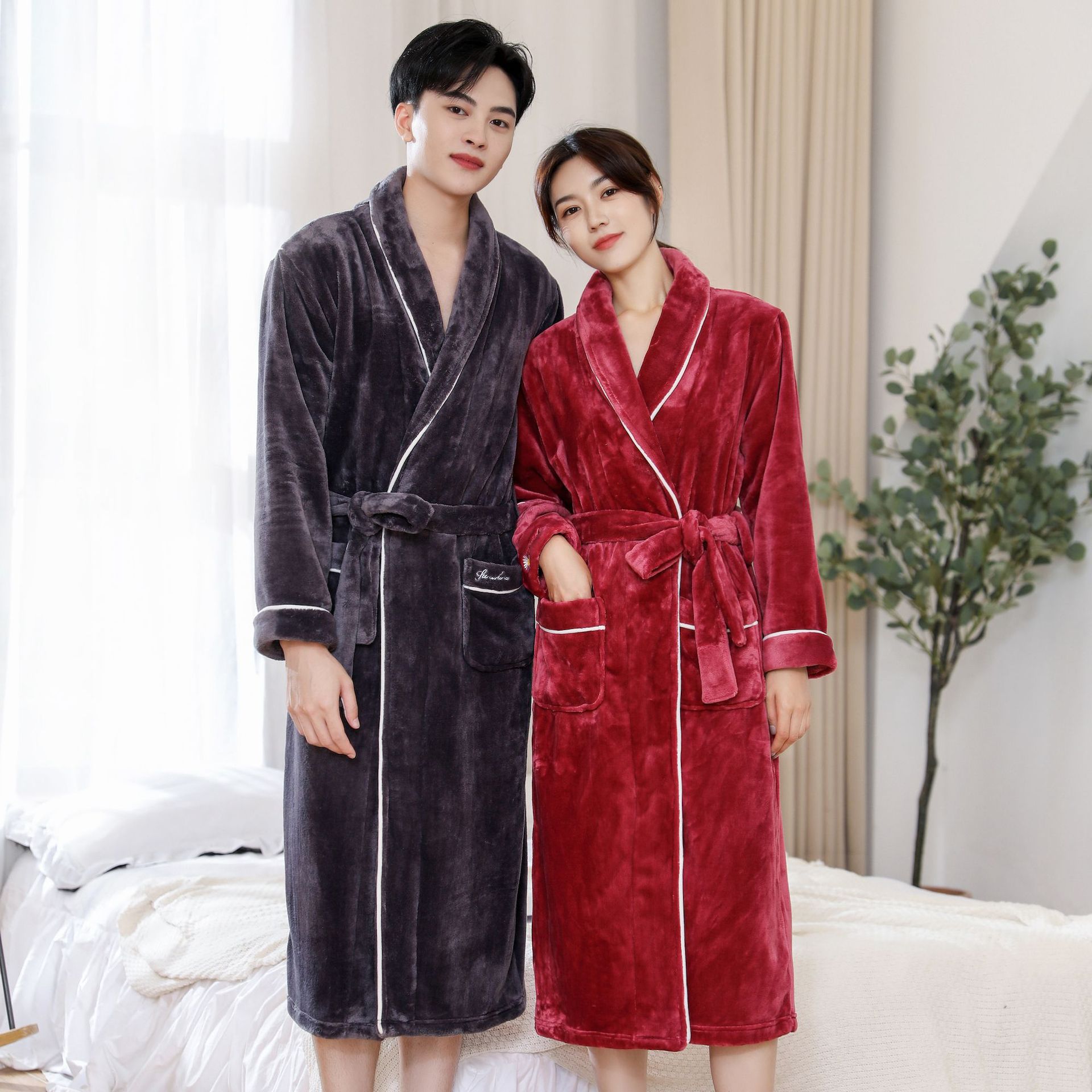 Winter mens Robes Sleepwear Thick Warm Flannel Kimono Bathrobe for men Solid Long Sleeve Coral Velvet Nightwear Homewear