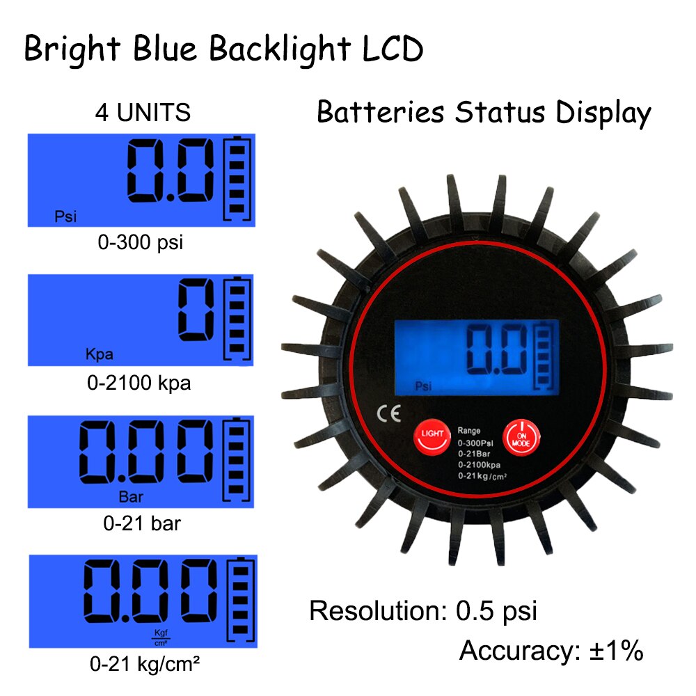 Uharbour Digital Gas Pressure Gauge with 1/8'' NPT Back Connector and Rubber Protector, 0-300psi, Accuracy 1% .F.S.